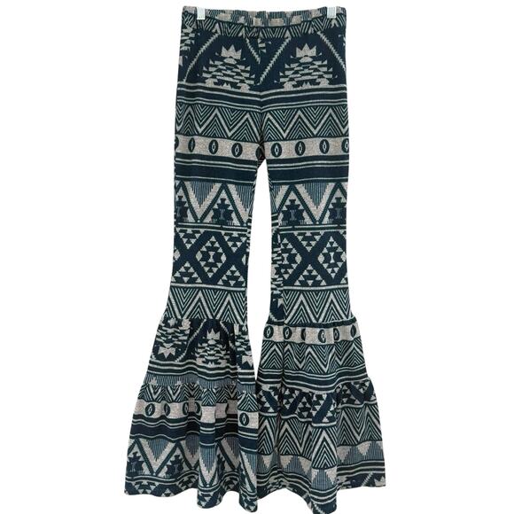 Kori Boho Tribal Print Flare High-Waist Pants Geometric Size Small Blue Beige - Picture 2 of 9